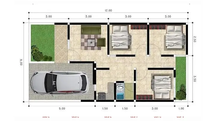 Denah Rumah 6x12 3 Kamar 1 Lantai