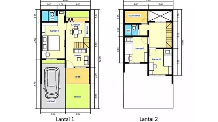 Denah Rumah 6x12 3 Kamar 2 Lantai